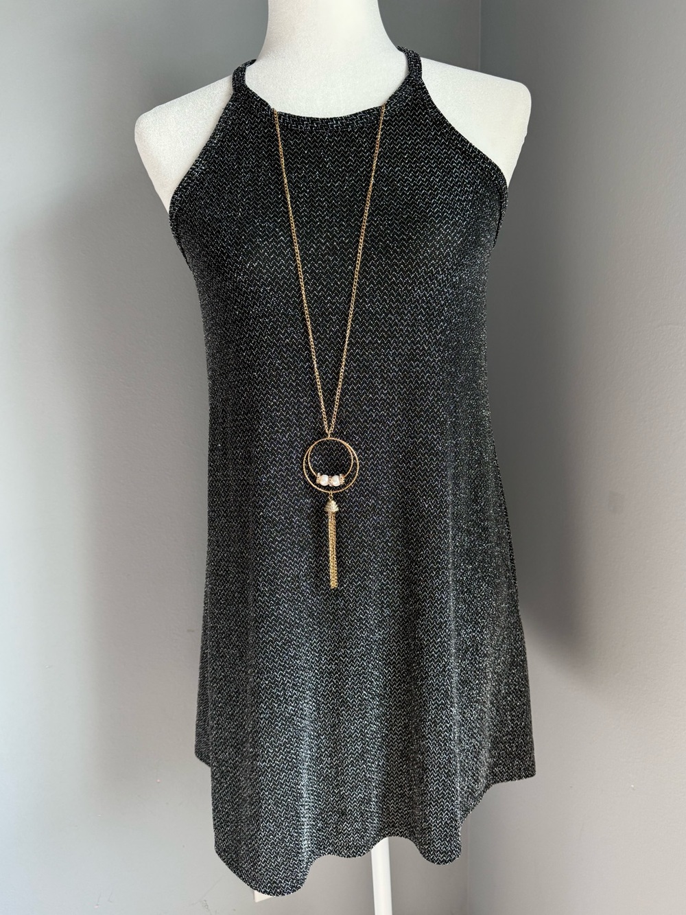 Sleeveless Black Metallic Halter Dress Silver w/ Gold Necklace Little Black
